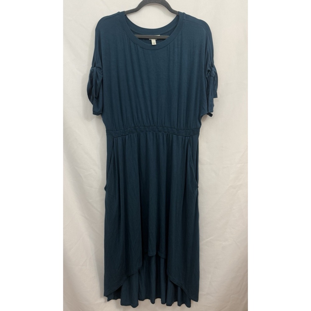 Soma Elastic Waist Knit Dress Teal Dolman Sleeve Asymmetrical Hi-Low Women Large